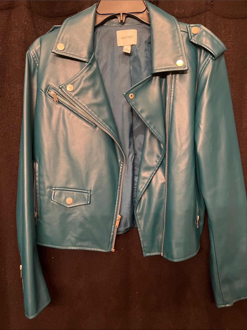 Nine West Teal Faux Leather Moto Jacket with Silver Hardware